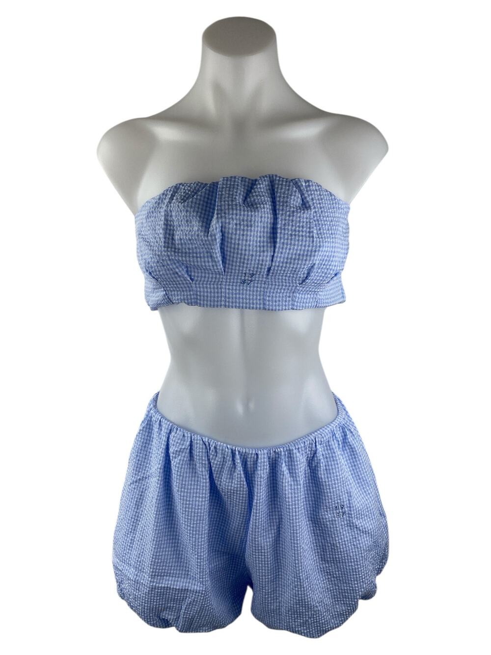 NEW 1987 Blue Gingham Check Strapless Tube Balloon Top Shorts 2 Piece Set Size S